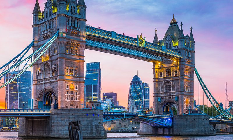London Tower Bridge over the Thames at sunset — study in UK